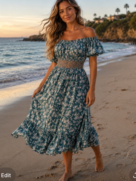 Dex Dresses & Skirts - Dex Teal & Cream Floral Summer Beach Party Office Maxi Dress with Smocked Waist